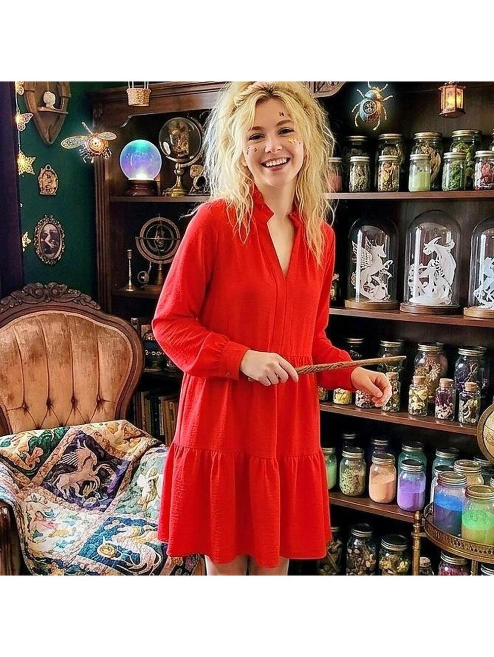 1.State red midi dress with long sleeves and tie back. 140